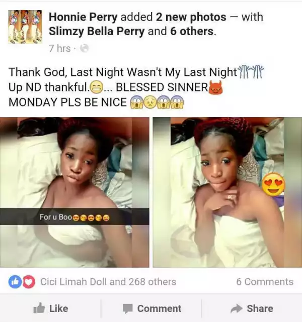 Photo: Girl Shares after sex photo, and thanks God for Last Night 